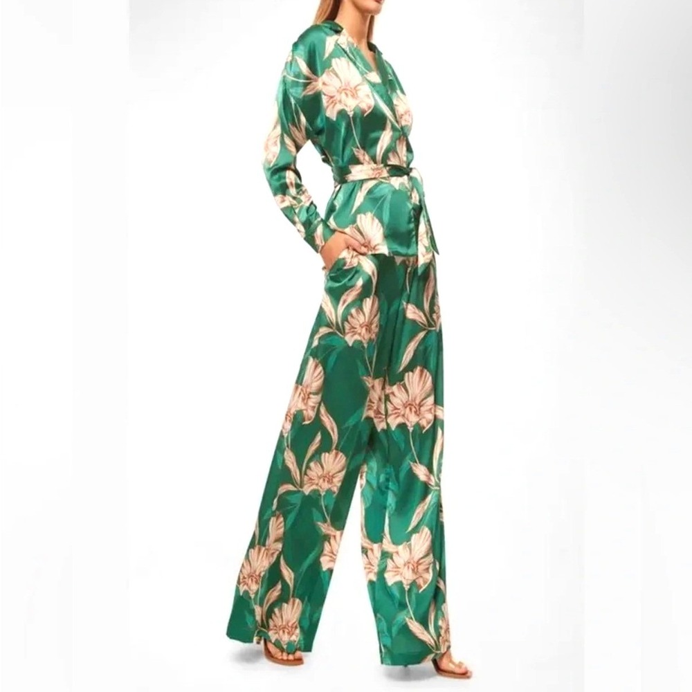 MISA‎ Los Angeles Pantsuit Set Farrah Top Filippa Wide Leg Pants Green Floral